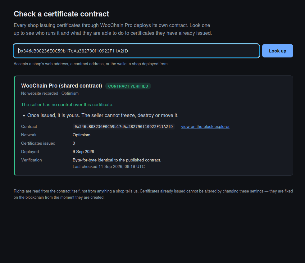 Blockchain authenticity certificate for a WooCommerce order on the WooChainPro lookup page